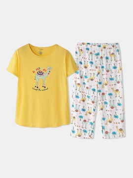 Plus Size Vrouwen Grappige Cartoon Dier Alpaca Print Korte Mouw Softies Thuis Pyjama Set