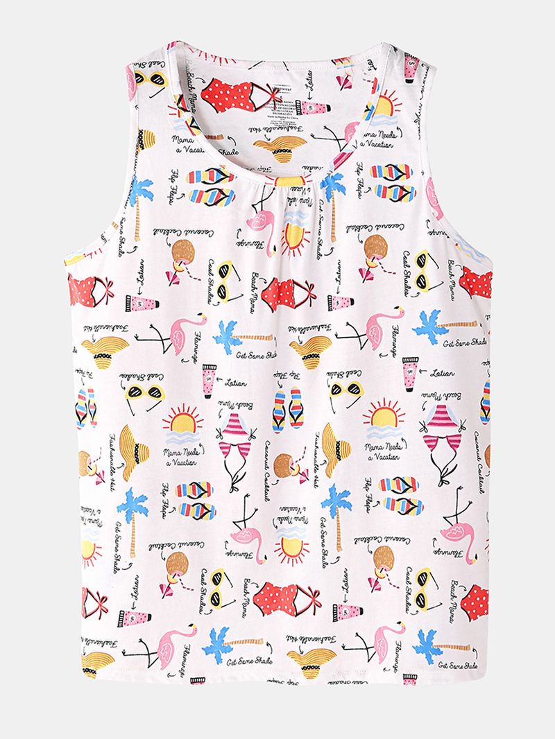 Plus Size Vrouwen Grappige Cartoon Print Thuis Mouwloos Softies Vest Pyjama Set