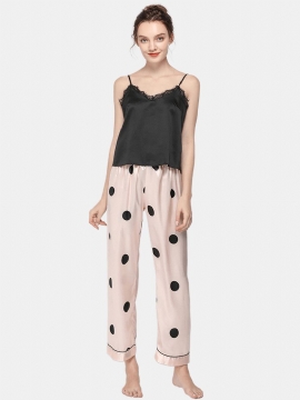 Polka Dot Spaghettibandjes Lace-trim Backless Lungewear Casual Pyjama Set