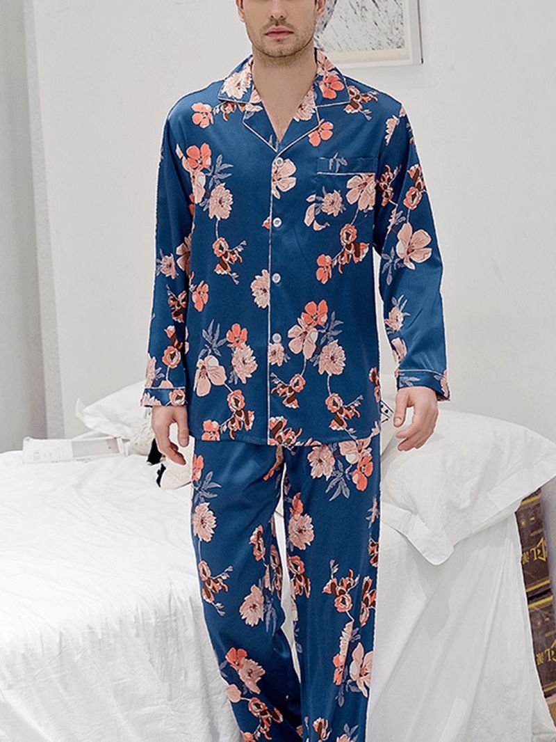 Pyjama's Met Lange Mouwen En Bloemenprint Voor Heren Met Reverskraag En Contrasterende Binding
