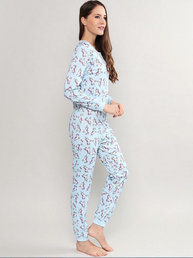 Pyjamaset Met Lange Mouwen En Eenhoornprint Met Knopen En O-hals