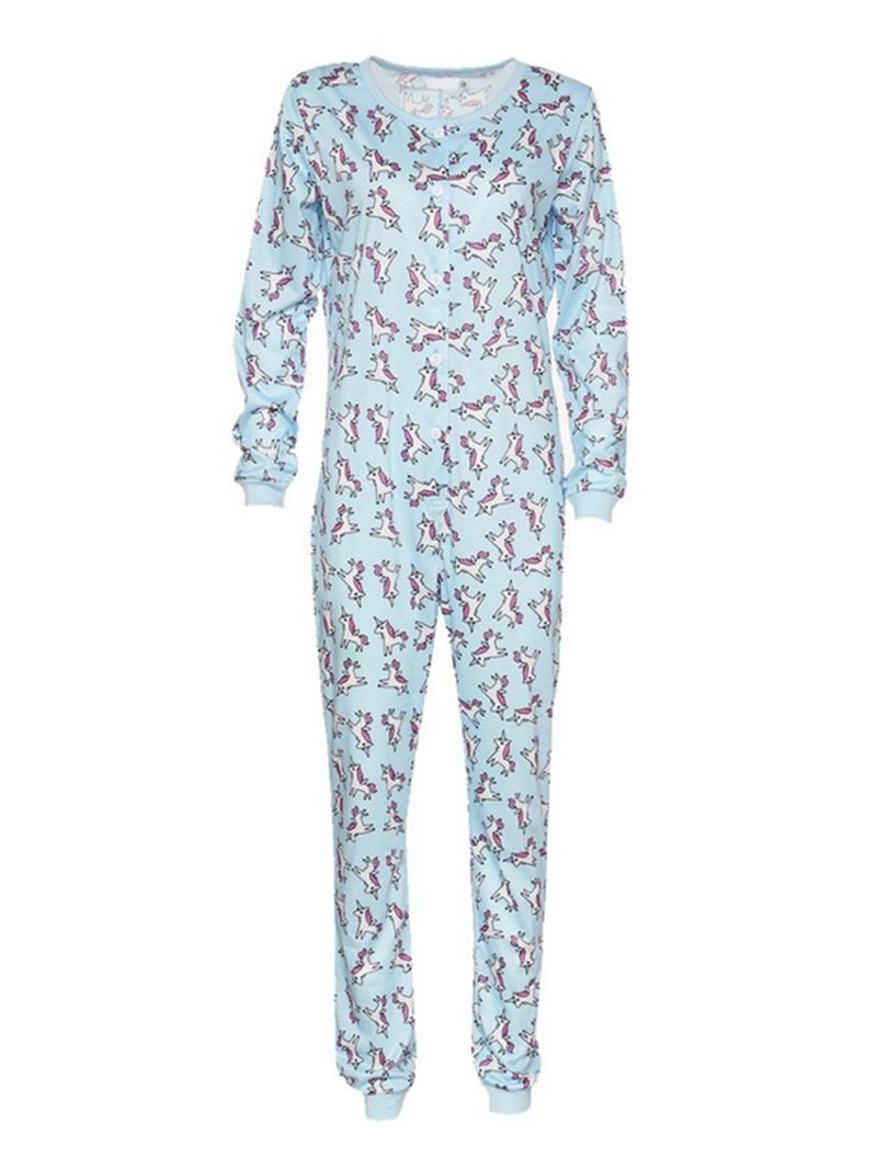Pyjamaset Met Lange Mouwen En Eenhoornprint Met Knopen En O-hals