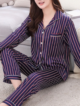 Streep Kamp Kraag Zak Lange Mouw Elastische Taille Faux Zijde Thuis Pyjama Sets Voor Dames