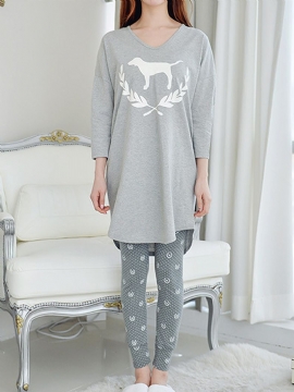 Vrouwen Abstracte Print V-hals Lange Mouw Grijze Tweedelige Pyjama Set