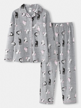 Vrouwen Allover Cartoon Katten Print Revers Katoenen Loungewear Met Lange Mouwen Thuis Pyjama Sets