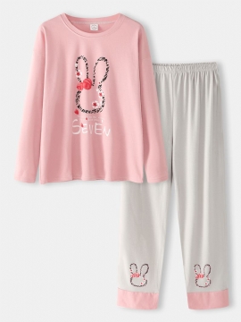 Vrouwen Brief Print Cartoon Konijn Patroon Pullover Pocket Gery Broek Thuis Leuke Pyjama Set