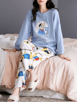 Vrouwen Cartoon Animal & Letter Print Pullover Elastische Taille Losse Broek Thuis Pyjama Set