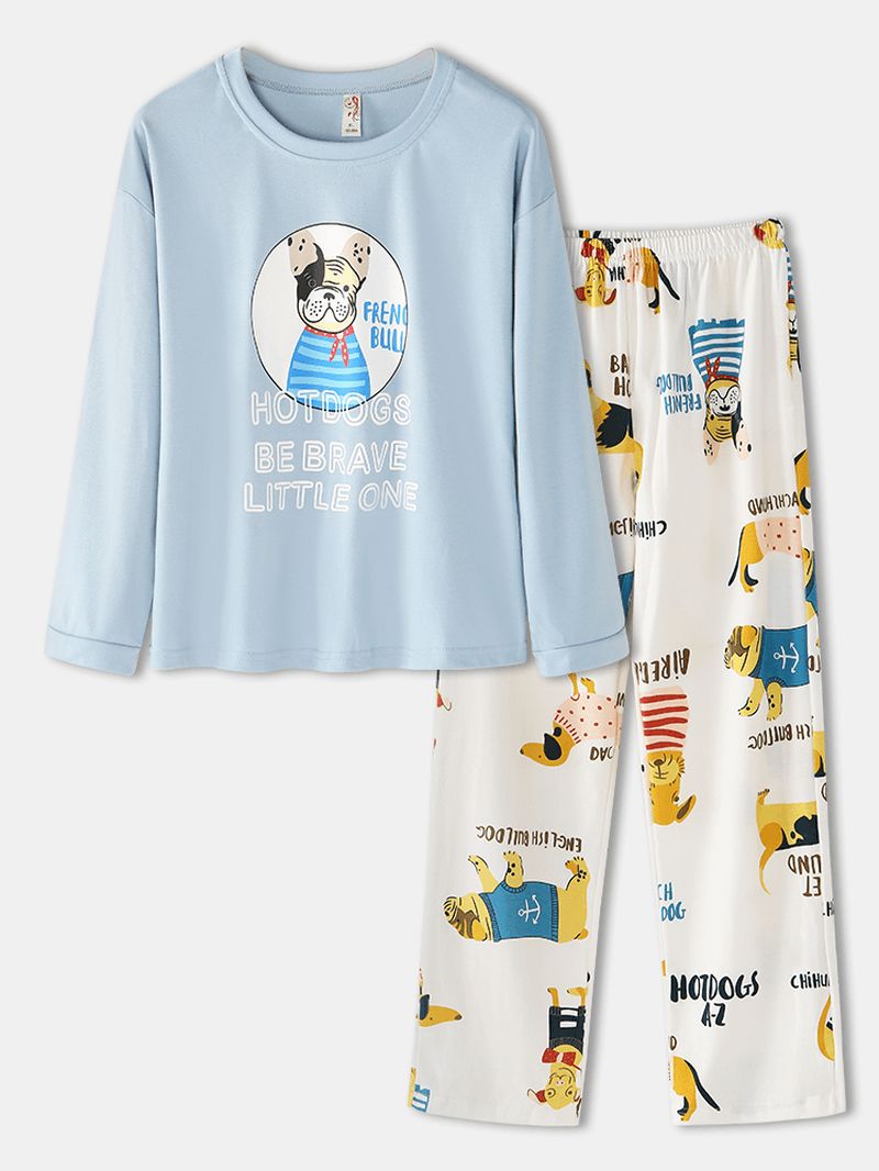Vrouwen Cartoon Animal & Letter Print Pullover Elastische Taille Losse Broek Thuis Pyjama Set