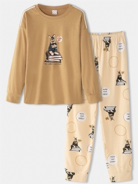 Vrouwen Cartoon Animal Print Lange Mouwen Trui Elastische Taille Brief Broek Thuis Pyjama Set