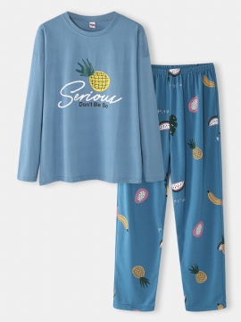 Vrouwen Cartoon Fruit Print O-hals Losse Broek Katoen Plus Size Thuis Pyjama Sets
