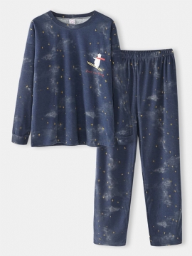 Vrouwen Cartoon Ijsbeer & Sterrenhemel Print Trui Elastische Taille Pocket Broek Thuis Pyjama Set