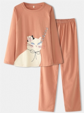 Vrouwen Cartoon Kat Effen Kleur Elastische Taille Losse Broek Thuis Pyjama Set