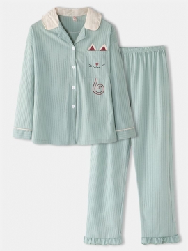 Vrouwen Cartoon Kat Pocket Gebreide Loungewear Met Lange Mouwen Plus Size Thuis Katoenen Pyjama Sets