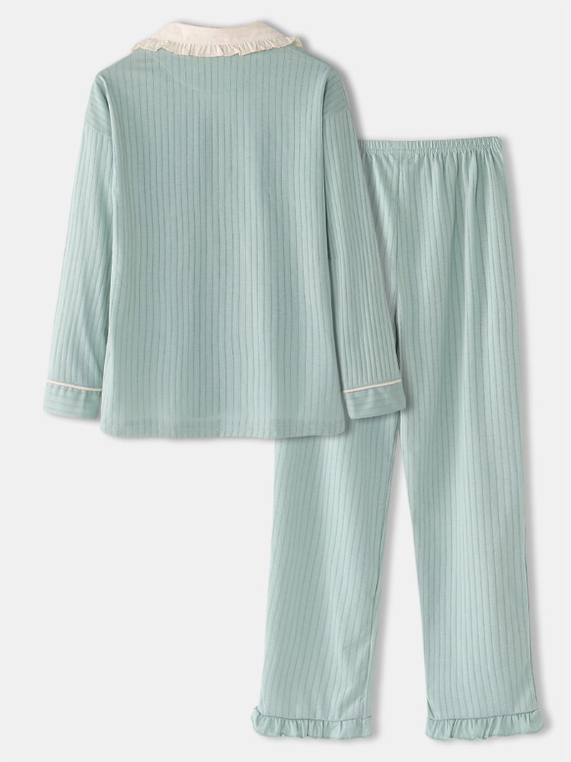 Vrouwen Cartoon Kat Pocket Gebreide Loungewear Met Lange Mouwen Plus Size Thuis Katoenen Pyjama Sets