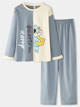 Vrouwen Cartoon Kat Print Tweekleurige Patchwork Elastische Taille Pocket Broek Thuis Pyjama Set