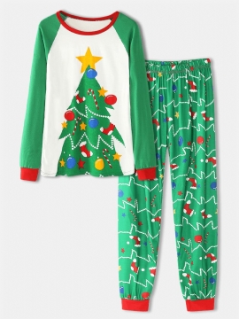 Vrouwen Cartoon Kerstboom Print Raglanmouwen Sweatshirts Elastische Taille Joggerbroek Thuis Pyjama Set