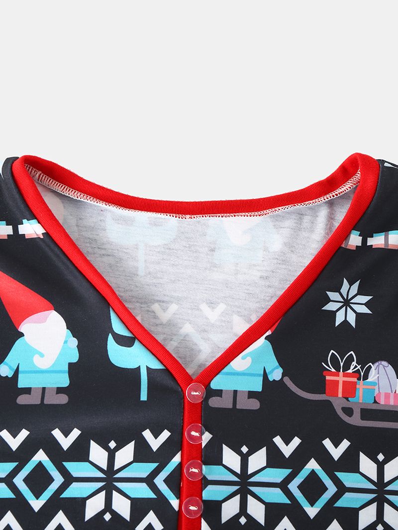 Vrouwen Cartoon Kerstman Print V-hals Lange Mouw Trui Losse Joggerbroek Kerst Thuis Pyjama Set