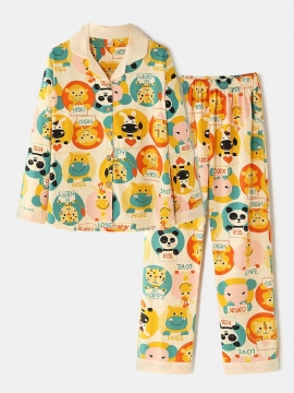 Vrouwen Cartoon Multi Animal Print Button-up Lange Mouw Elastische Taille Thuis Katoenen Pyjama Set
