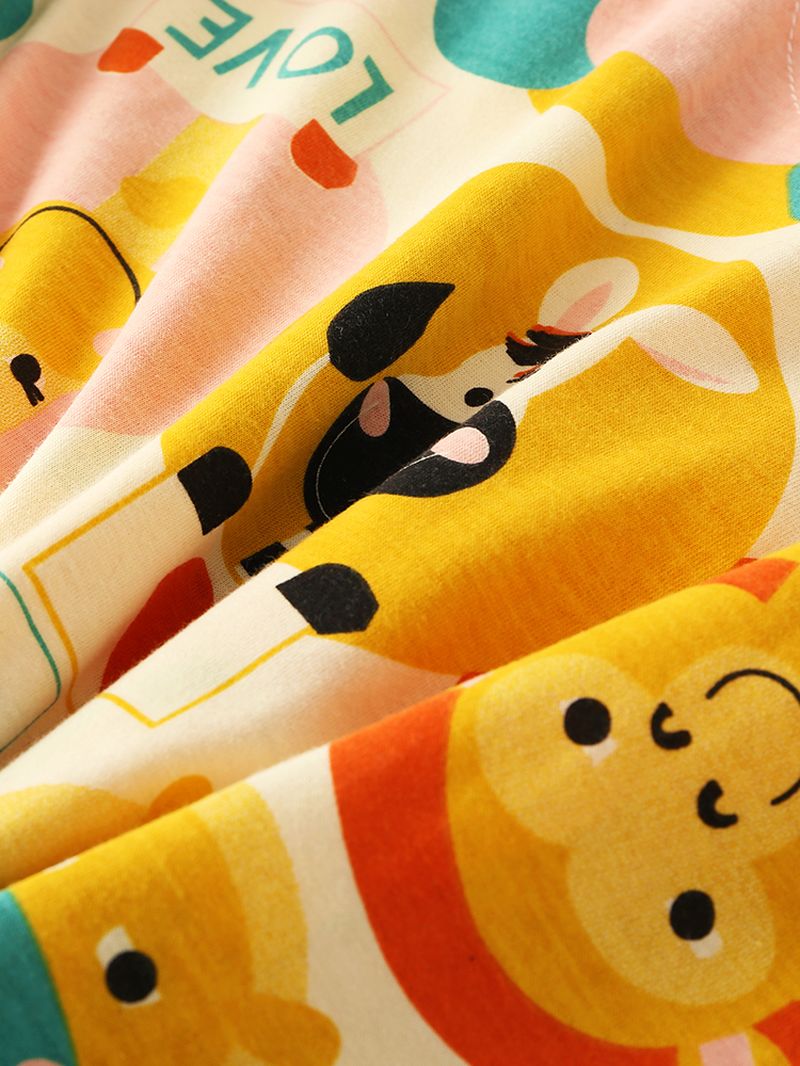 Vrouwen Cartoon Multi Animal Print Button-up Lange Mouw Elastische Taille Thuis Katoenen Pyjama Set