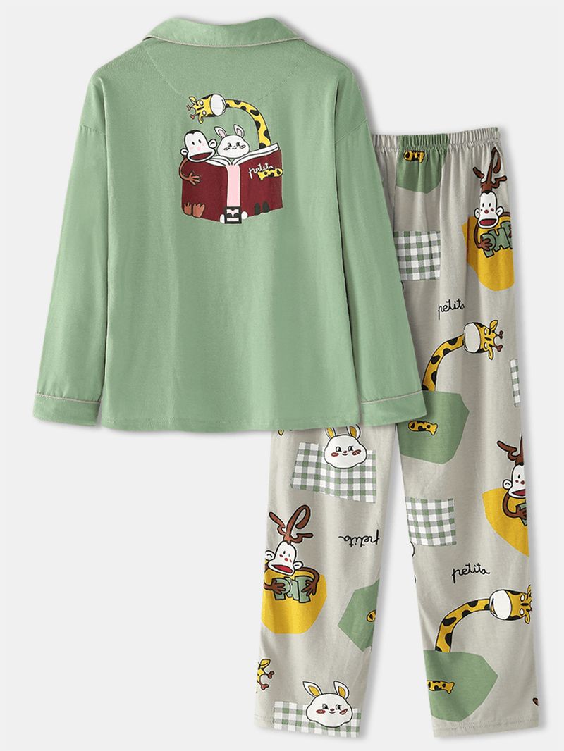 Vrouwen Cartoon Print Shirt Elastische Taille Pocket Broek Thuis Pyjama Set