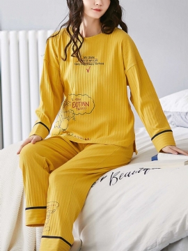 Vrouwen Geribbelde Letter Print Cartoon Graffiti Trui Elastische Taille Zak Thuis Casual Gele Pyjama Set