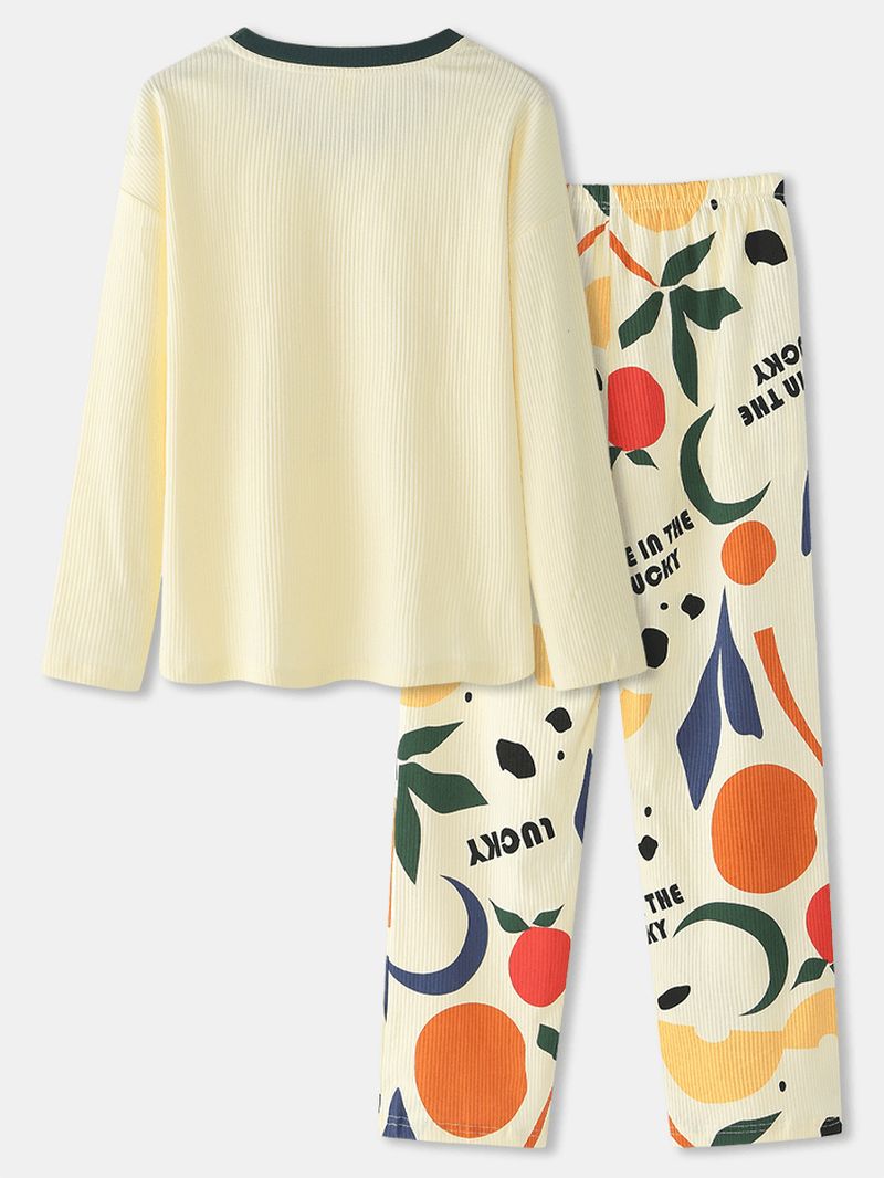 Vrouwen Graphics Letter Print Rib Pullover Elastische Taille Zak Thuis Pyjama Set
