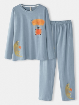 Vrouwen Grappige Cartoon Kat Print Ronde Hals Trui Elastische Taille Thuis Katoenen Pyjama Set