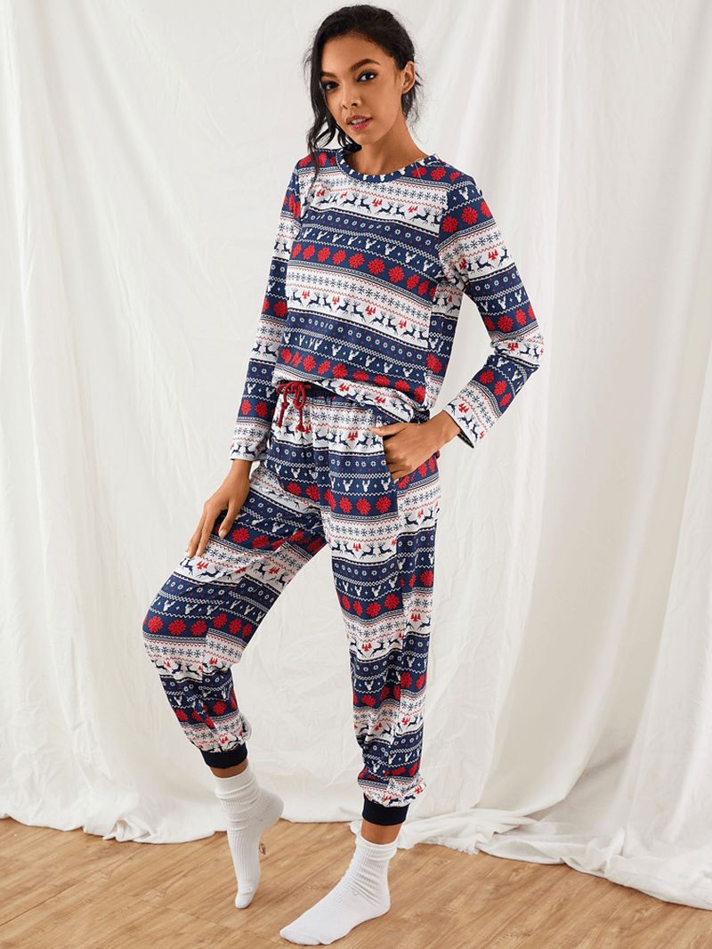Vrouwen Kerst Cartoon Vintage Print Lange Mouw Trui Trekkoord Jogger Broek Thuis Pyjama Set