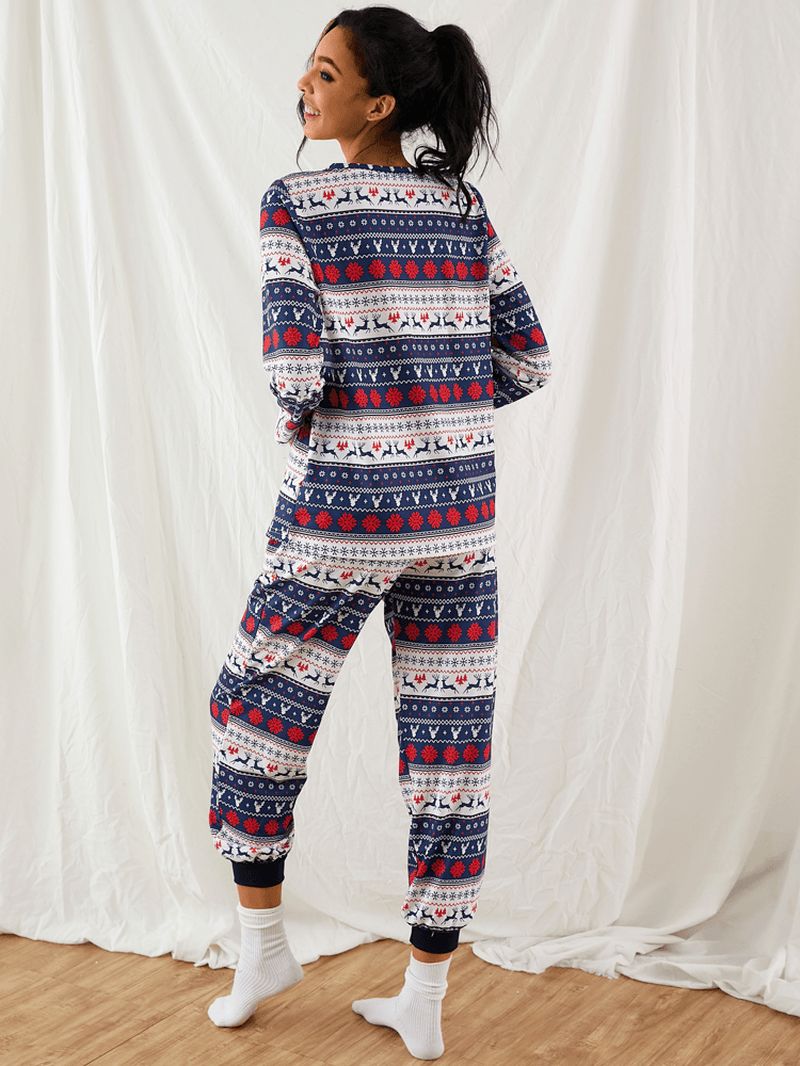 Vrouwen Kerst Cartoon Vintage Print Lange Mouw Trui Trekkoord Jogger Broek Thuis Pyjama Set