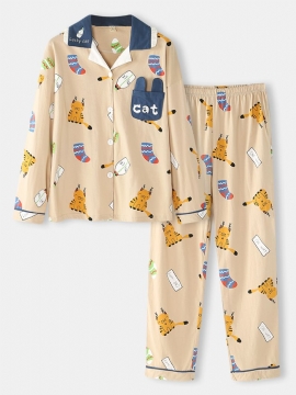 Vrouwen Leuke Cartoon Kat Print Shirt Elastische Taille Broek Thuis Casual Pyjama Set