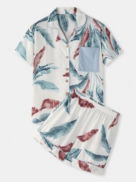 Vrouwen Tropische Plant Bladeren Print Button-up Revere Kraag Korte Mouw Thuis Casual Pyjama Set