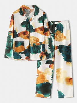 Vrouwen Vintage Bloemenprint Kamp Kraag Double Pocket Shirt Elastische Taille Broek Nachtkleding Thuis Pyjama