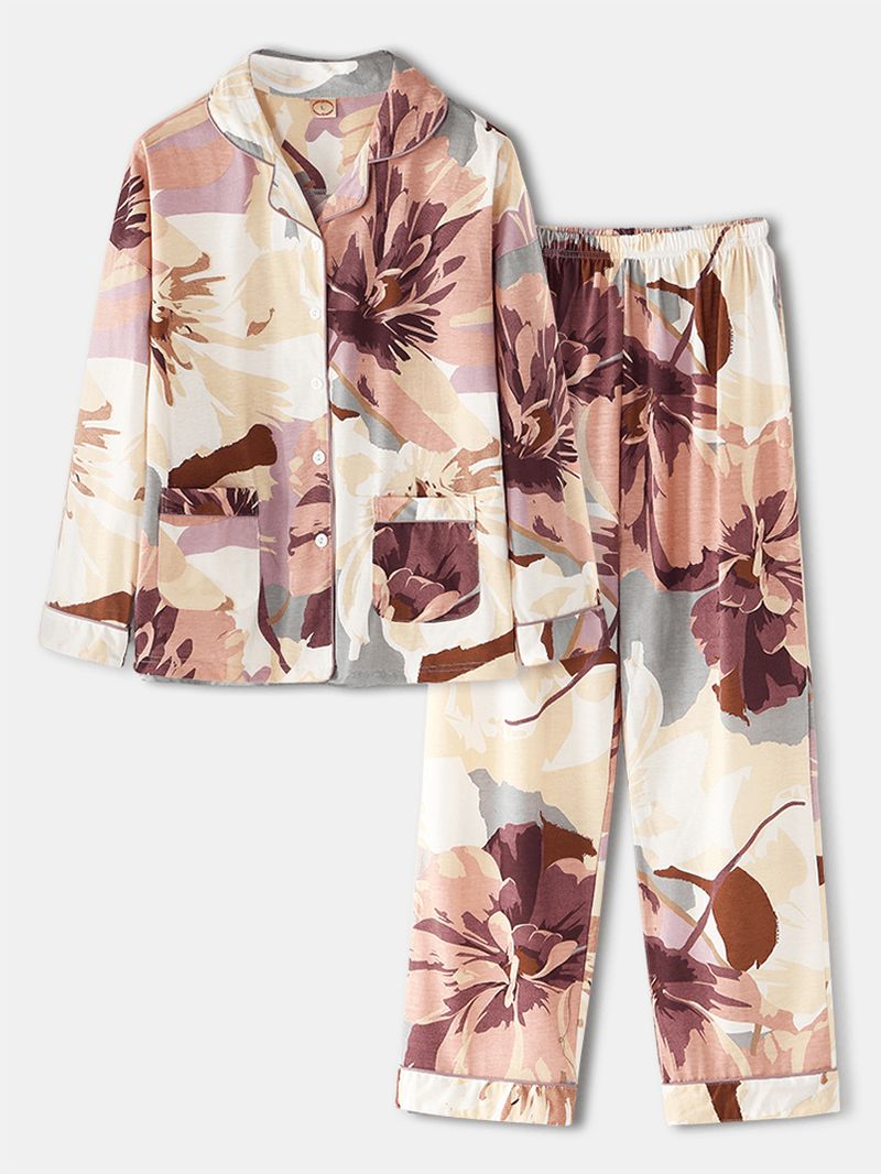 Vrouwen Vintage Bloemenprint Kamp Kraag Double Pocket Shirt Elastische Taille Broek Nachtkleding Thuis Pyjama