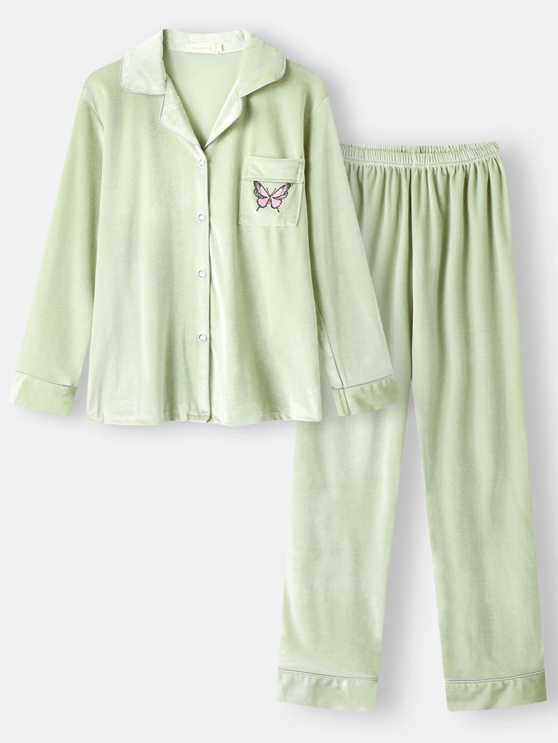 Vrouwen Vlinder Borduurwerk Zak Shirt Fluwelen Elastische Taille Broek Thuis Pyjama