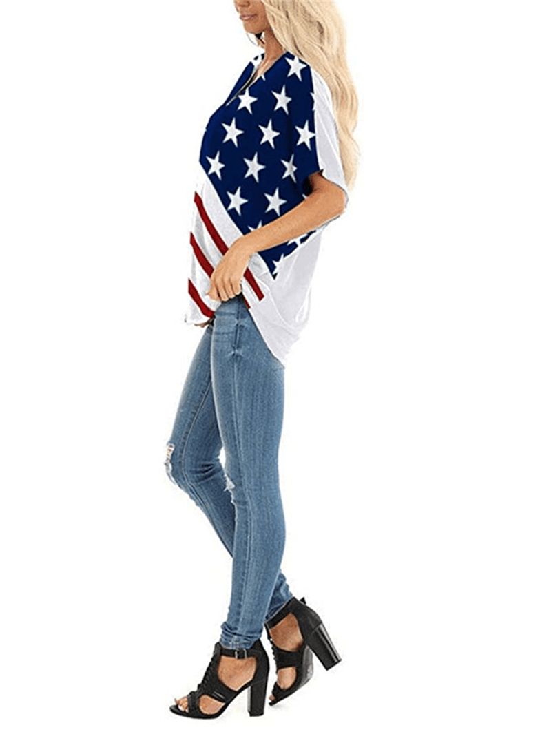 Amerikaanse Vlag Star Print Independence Day Ronde Hals Dames Casual T-shirts Voor Dames
