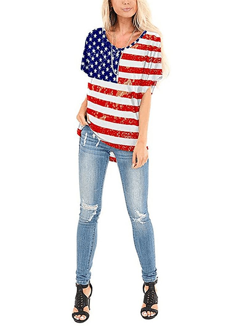 Amerikaanse Vlag Star Print Independence Day Ronde Hals Dames Casual T-shirts Voor Dames