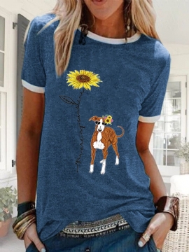 Cartoon Bloemen Hond Bedrukte Casual Losse T-shirt Met Korte Mouwen