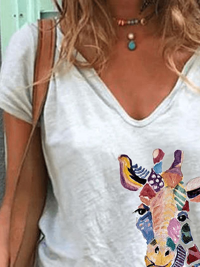 Cartoon Giraffe Animal Print V-hals Losse T-shirts Met Korte Mouwen Voor Dames