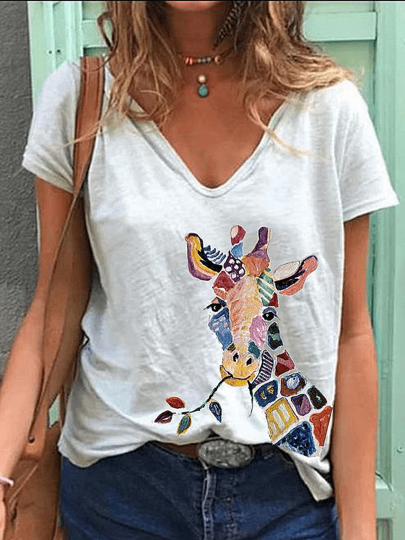 Cartoon Giraffe Animal Print V-hals Losse T-shirts Met Korte Mouwen Voor Dames