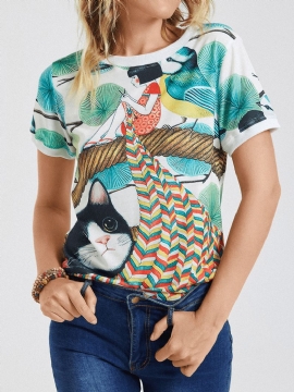 Cartoon Kat Girl Print O-hals Casual T-shirt Met Korte Mouwen Voor Dames