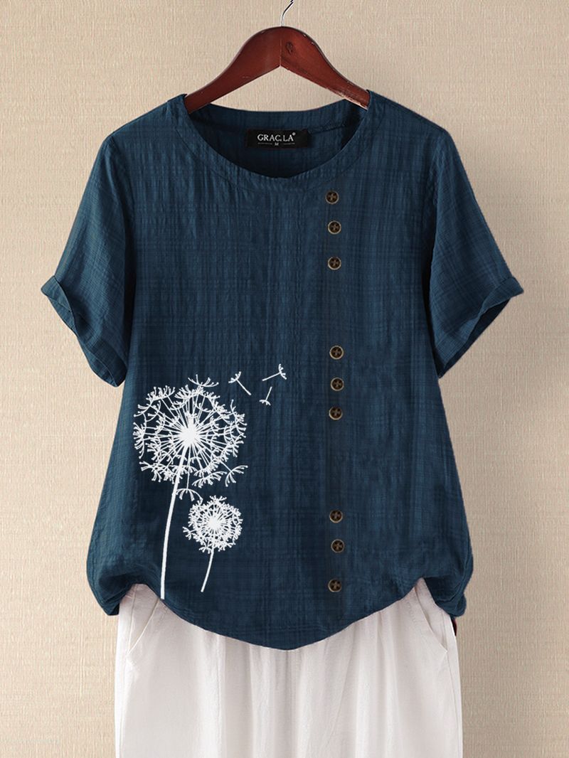 Casual T-shirt Met Korte Mouwen En O-hals Met Bloemenprint