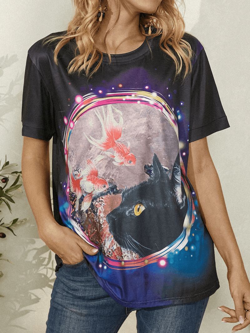 Casual T-shirt Met Korte Mouwen En O-hals Met Vissenkatprint Voor Dames