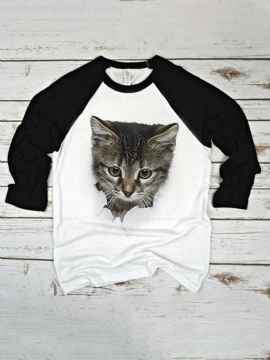 Dames 3d Cute Kat Print Raglanmouwen Regular Fit Ronde Hals Casual T-shirt