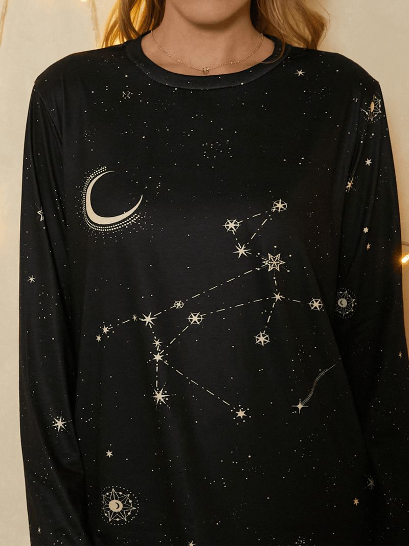 Dames Boogschutter Print Stars Moon O-hals Casual T-shirt Met Lange Mouwen