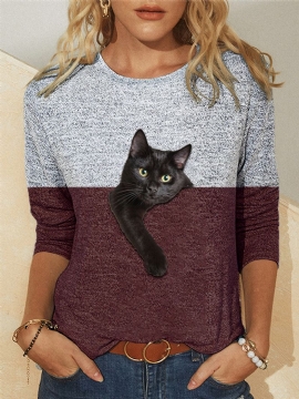 Dames Casual T-shirt Met 3d-kattenprint En Lange Mouwen Met O-hals In Contrasterende Kleur