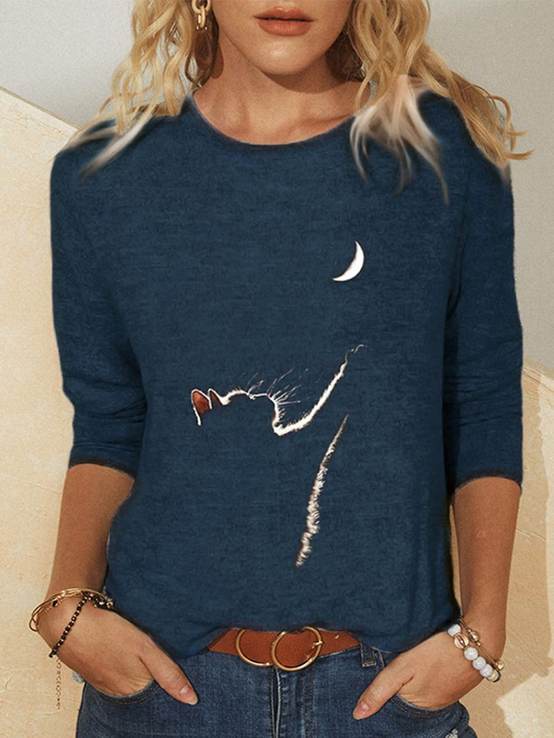 Dames Design Kat Print O-hals Casual T-shirts Met Lange Mouwen