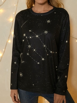 Dames Gemini Print Stars Moon O-hals Casual T-shirt Met Lange Mouwen
