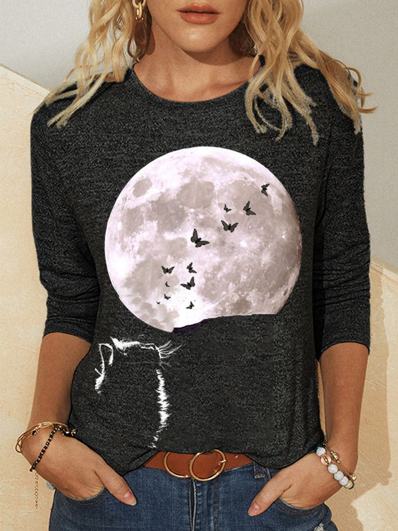 Dames Kat Moon Grafisch Gedrukt Casual T-shirt Met Lange Mouwen En O-hals