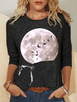 Dames Kat Moon Grafisch Gedrukt Casual T-shirt Met Lange Mouwen En O-hals