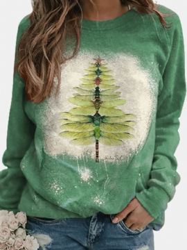 Dames Kerst Dragonfly Tree Print Casual T-shirt Met Lange Mouwen